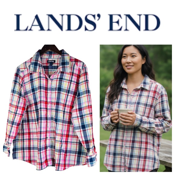 Lands' End Shirt Button Down Top Sz 2X 3X 20W 22W Flannel Plaid White Red Blue - Picture 1 of 4